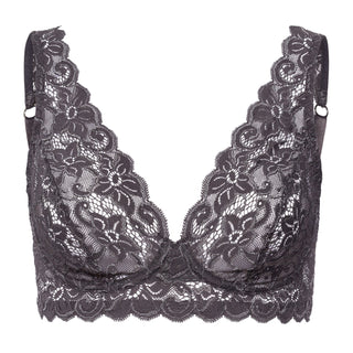 dark grey lace bra on white background